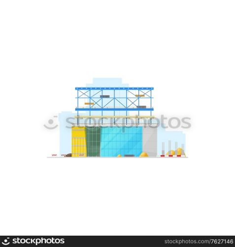 House construction site, store warehouse or office building isolated icon. Vector modern skyscraper construction, lifting blocks and glass windows. Industrial project, process of real estate building. Building construction site isolated warehouse icon