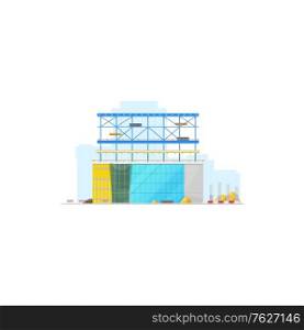 House construction site, store warehouse or office building isolated icon. Vector modern skyscraper construction, lifting blocks and glass windows. Industrial project, process of real estate building. Building construction site isolated warehouse icon