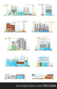 House construction sites, store or warehouse buildings vector icons set. Working cranes put a stone block on construction facade with building materials around. Urban construction industry. Building construction sites, store or warehouse