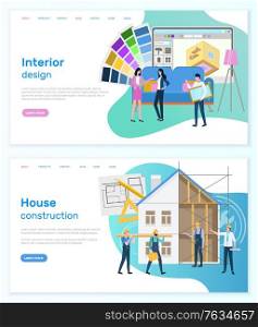 House construction vector, interior design, designers thinking on color palette and solution for estate. Monitor with application, people building. Website or webpage template, landing page flat style. Interior Design and House Construction Website