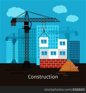 House construction with building crane for site construction vector illustration. House construction with building crane