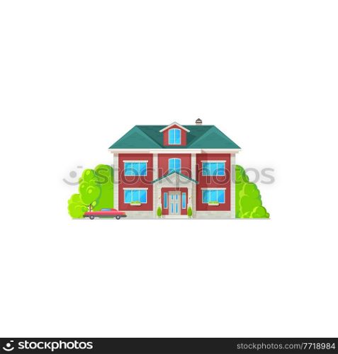 House country dwelling outdoor facade with parked retro coupe car isolated. Vector modern villa, townhouse residence, chimney pipes on roof. Suburban house with panoramic windows, green trees. Villa country urban building facade, car vehicle