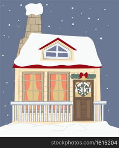 House covered with snow decorated for christmas holidays. Building home with pine branches and bell with ribbon by entrance. New year and xmas celebration in winter season. Vector in flat style. Decorative house for xmas holidays, christmas deco