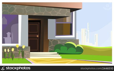 House decorated with flowers and bush vector illustration. Modern stoned building with small porch. Home concept