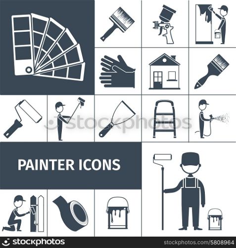 House decoration icons set with paint scraper air brush and rubber gloves black abstract isolated vector illustration. Painter icons set black