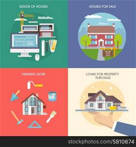 House design concept set with property purchase and building flat icons isolated vector illustration. Flat House Set
