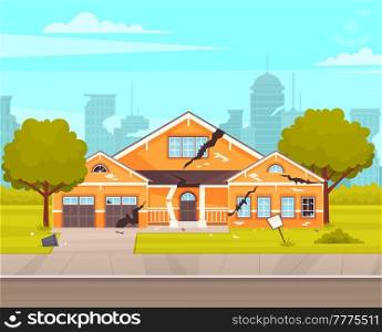 House destroyed by earthquake. Cracks in walls of home. Residential building with destroyed facade due to natural disaster. Aftermath of earthquake in city. Damaged house with broken glasses. Residential building with destroyed facade due to natural disaster. Aftermath of earthquake in city