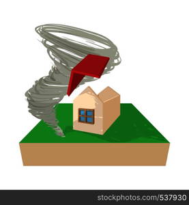 House destroyed by hurricane icon in cartoon style on a white background. House destroyed by hurricane icon, cartoon style