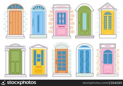 House doors. Entrance facade, front door building. Houses entry, decor flat architecture elements. Cartoon apartment exterior objects, decent vector collection. Illustration of door facade. House doors. Entrance facade, front door building. Houses entry, decor flat architecture elements. Cartoon apartment exterior objects, decent vector collection