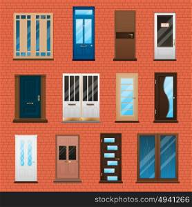 House Doors Set. Various type and material closed double and single house doors set on brick wall background flat isolated vector illustration