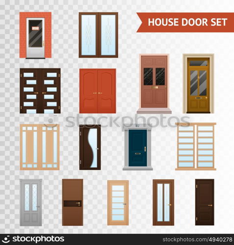 House Doors Transparent Set. Flat design set of various material and type double and single front closed doors set isolated on transparent background vector illustration