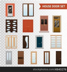 House Doors Transparent Set. Flat design set of various material and type double and single front closed doors set isolated on transparent background vector illustration