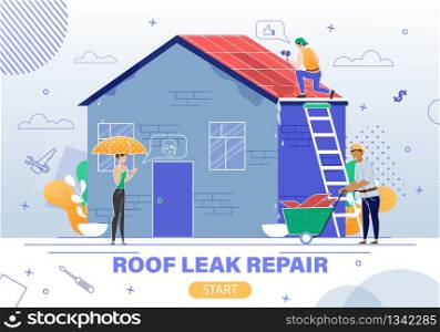 House Emergency Repair Service Flat Vector Web Banner, Landing Page with Female House Owner, Construction Company Client, Woman Waiting for Roof Leaking Repair Finishing by Workers Team Illustration
