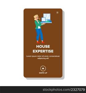 House Expertise Making Woman Architect Vector. House Expertise Make Businesswoman, Approving Exterior Of Construction Project Mockup. Character Businessperson Web Flat Cartoon Illustration. House Expertise Making Woman Architect Vector