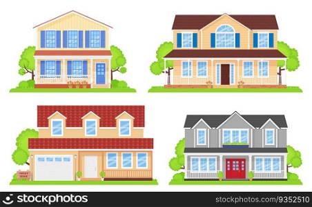 House exterior front view. Vector. Home facade with roof. Townhouse building. Set modern cottages with tree, bush, yard. Residential estate. Suburb apartment architecture. Cartoon flat illustration.