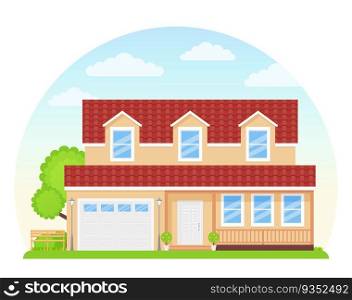 House exterior. Vector. Home facade front view. Townhouse building. Modern cottage with roof, tree, yard. Suburb architecture. Landscape of neighborhood. Residential estate. Cartoon flat illustration