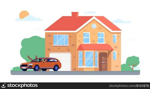 House facade. Cottage with garage. Mansion and car. Real estate. Residential building. Auto in yard. Vehicle in front of home. City landscape. Village residence. Urban architecture. Vector concept. House facade. Cottage with garage. Mansion and car. Real estate. Residential building. Vehicle in front of home. City landscape. Village residence. Urban architecture. Vector concept