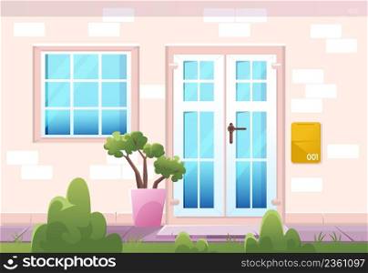 House facade front view, home cottage building exterior of brick wall with plastic window, door, mailbox and potted plant at doorstep, tiled path and green lawn at yard, Line art vector illustration. House facade front view, home cottage building