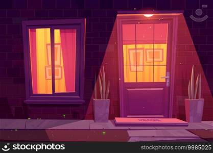 House facade with brick wall, white window and door, plants and outside l&. Vector cartoon illustration of residential building exterior in suburban neighborhood, home entrance at night. House facade with window and door at night