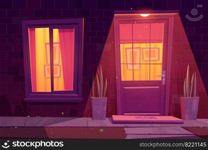 House facade with brick wall, white window and door, plants and outside lamp. Vector cartoon illustration of residential building exterior in suburban neighborhood, home entrance at night. House facade with window and door at night