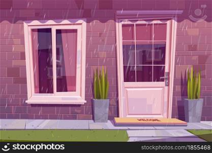 House facade with closed door, window and brick wall in rain. Vector cartoon building exterior, home front with welcome mat on doorstep, plants and green grass at rainy weather. House facade with closed door and window in rain