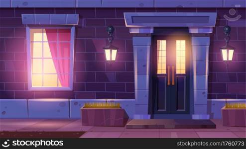 House facade with door and window at night. Home entrance with light from lanterns on brick wall and window. Vector cartoon facade of vintage residential building with front door in stone frame. House facade with door and window at night