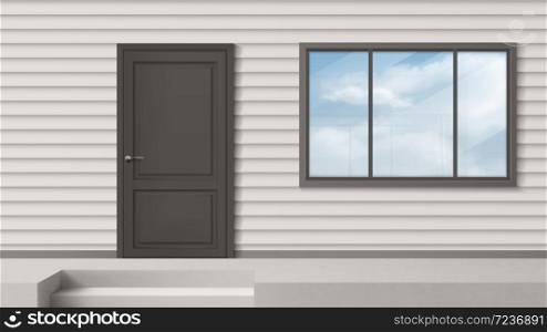 House facade with gray door, window, siding wall and steps. Vector realistic background of building front, modern home porch. Entrance for suburban apartment outside. House facade with gray door, window, siding wall