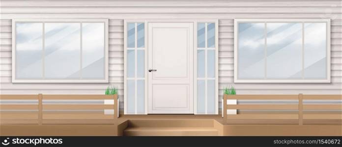 House facade with white closed door, windows, siding wall and steps. Vector realistic background of building front, modern wooden porch. Entrance for suburban apartment outside. House facade with white door, window, siding wall