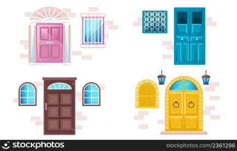 House facades with different doors and windows in brick wall. Vector cartoon set of wooden gates in classic style, lanterns and windows with glass, metal grate and shutters. House facades with different doors and windows