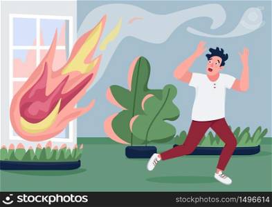 House fire flat color vector illustration. Man running from fire in panic 2D cartoon character with burning home on background. Emergency accident, property destruction. Stressful situation, disaster. House fire flat color vector illustration