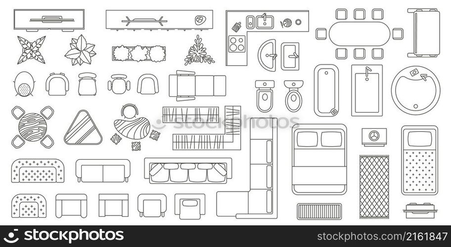 House floor plan furniture top view line icons. Apartment interior blueprint map elements. Table, seats, sofa, bath and toilet vector set. Elements for home and office project isolated on white. House floor plan furniture top view line icons. Apartment interior blueprint map elements. Table, seats, sofa, bath and toilet vector set