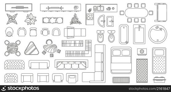 House floor plan furniture top view line icons. Apartment interior blueprint map elements. Table, seats, sofa, bath and toilet vector set. Elements for home and office project isolated on white. House floor plan furniture top view line icons. Apartment interior blueprint map elements. Table, seats, sofa, bath and toilet vector set