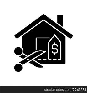 House for reduced price black glyph icon. Discount and price deduction. Real estate selling. Property sale. Silhouette symbol on white space. Solid pictogram. Vector isolated illustration. House for reduced price black glyph icon
