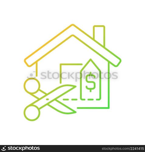 House for reduced price gradient linear vector icon. Discount and price deduction. Real estate selling. Property sale. Thin line color symbol. Modern style pictogram. Vector isolated outline drawing. House for reduced price gradient linear vector icon