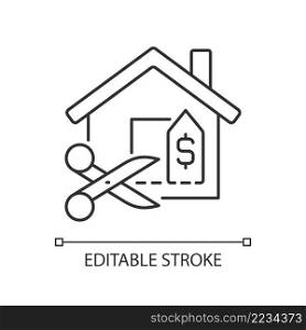 House for reduced price linear icon. Discount and price deduction. Real estate selling. Property sale. Thin line illustration. Contour symbol. Vector outline drawing. Editable stroke. Arial font used. House for reduced price linear icon