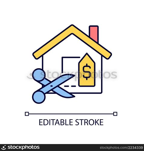 House for reduced price RGB color icon. Discount and price deduction. Real estate selling. Property sale. Isolated vector illustration. Simple filled line drawing. Editable stroke. Arial font used. House for reduced price RGB color icon