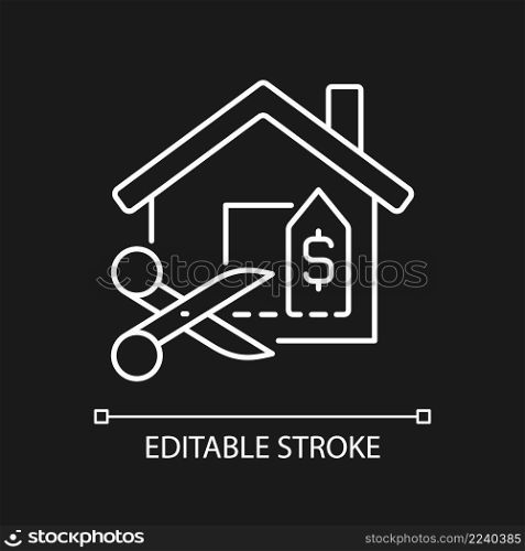 House for reduced price white linear icon for dark theme. Discount and price deduction. Real estate selling. Thin line illustration. Isolated symbol for night mode. Editable stroke. Arial font used. House for reduced price white linear icon for dark theme
