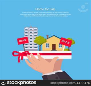 House for Sale. House for sale. Broker keeps the house on the palm. Sold home with for sale sign in front of beautiful new house. Vector illustration