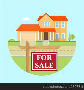 House for sale. Vector flat icon suburban american house. For web design and application interface, also useful for infographics. Family house icon isolated on white background. Real estate.. Vector flat icon suburban american house.