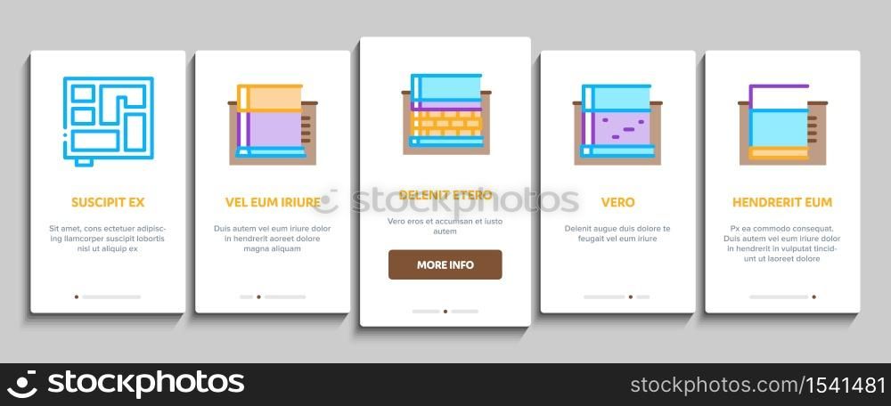 House Foundation Base Onboarding Mobile App Page Screen Vector. Concrete And Brick Building Foundation, Broken And Rickety Basement, Plan And Size Illustrations. House Foundation Base Onboarding Elements Icons Set Vector
