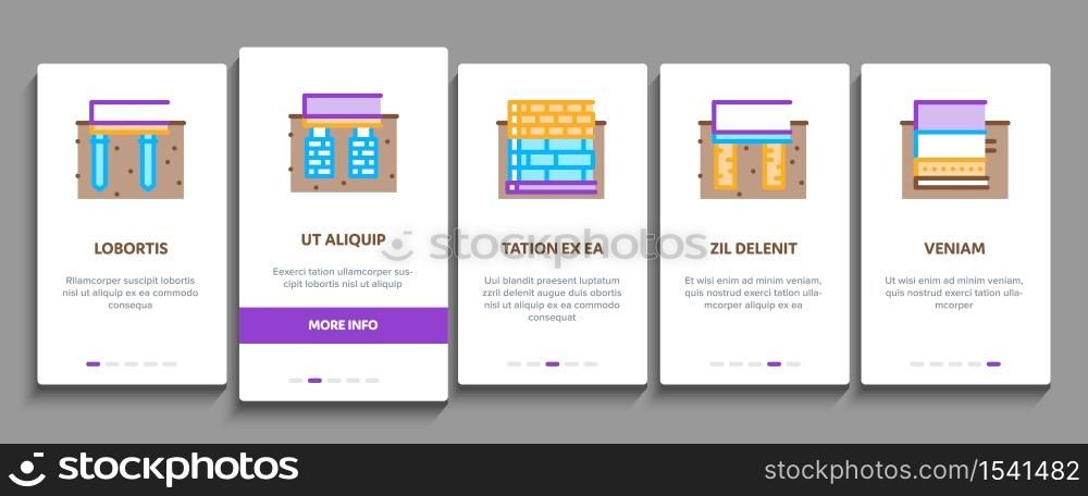 House Foundation Base Onboarding Mobile App Page Screen Vector. Concrete And Brick Building Foundation, Broken And Rickety Basement, Plan And Size Illustrations. House Foundation Base Onboarding Elements Icons Set Vector
