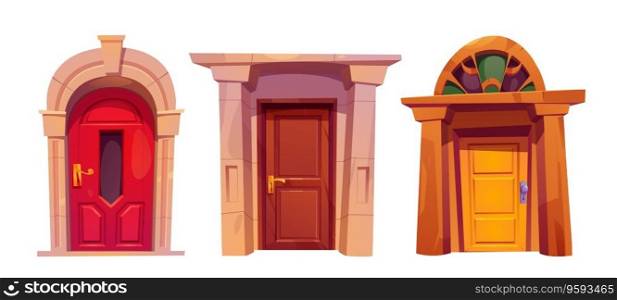 House front door cartoon vector illustration. Home building entrance exterior isolated design set. Different closed doorway icon for apartment or office. Detailed external architecture facade elements. House front door cartoon vector, home entrance