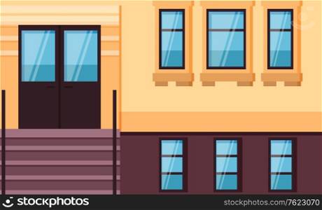 House front facade. Home exterior, Front view building entrance door and glass windows. Modern street constructions, architecture vector illustration. Flat cartoon. House Facade, Entrance Door and Windows Vector