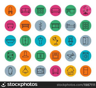 House furniture colorful linear icons set. Vector line art symbols in circles isolated on white. House furniture colorful linear icons set