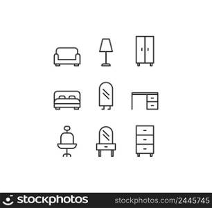 House furniture icon set.  Sofa, floor l&, wardrobe, bed, mirror, work table, work chair, chest of drawers vector desing.
