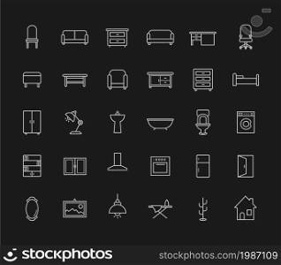 House furniture linear icons set. Vector chalk line art isolated on blackboard. House furniture linear icons set. Chalk