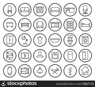 House furniture linear icons set. Vector clip art illustrations isolated on white. House furniture linear icons set