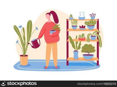 House garden concept, woman watering pot plants. Illustration of woman gardening houseplants, gardener growing flowerpot, potted plant vector. House garden concept, woman watering pot plants