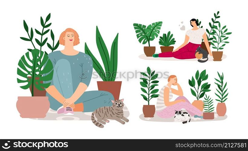 House garden. Girls relax, cats plants in pot and women. Home planting, urban jungle or scandinavian cozy relaxing style, vector set. House garden, girl relax set
