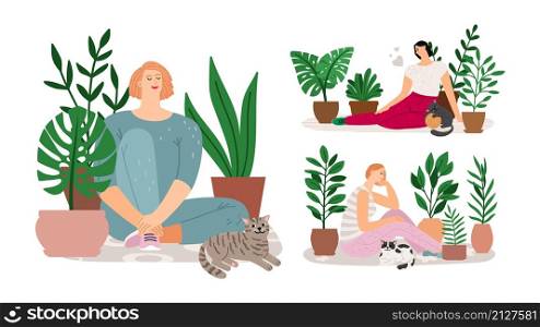 House garden. Girls relax, cats plants in pot and women. Home planting, urban jungle or scandinavian cozy relaxing style, vector set. House garden, girl relax set